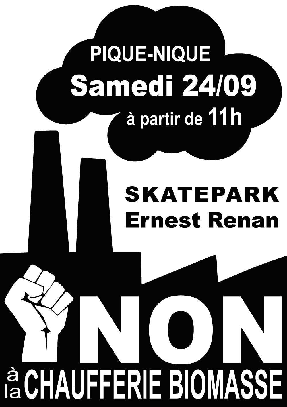 affiche rassemblement skatepark 11 juin 2022 pour dire non à l'incinérateur biomasse